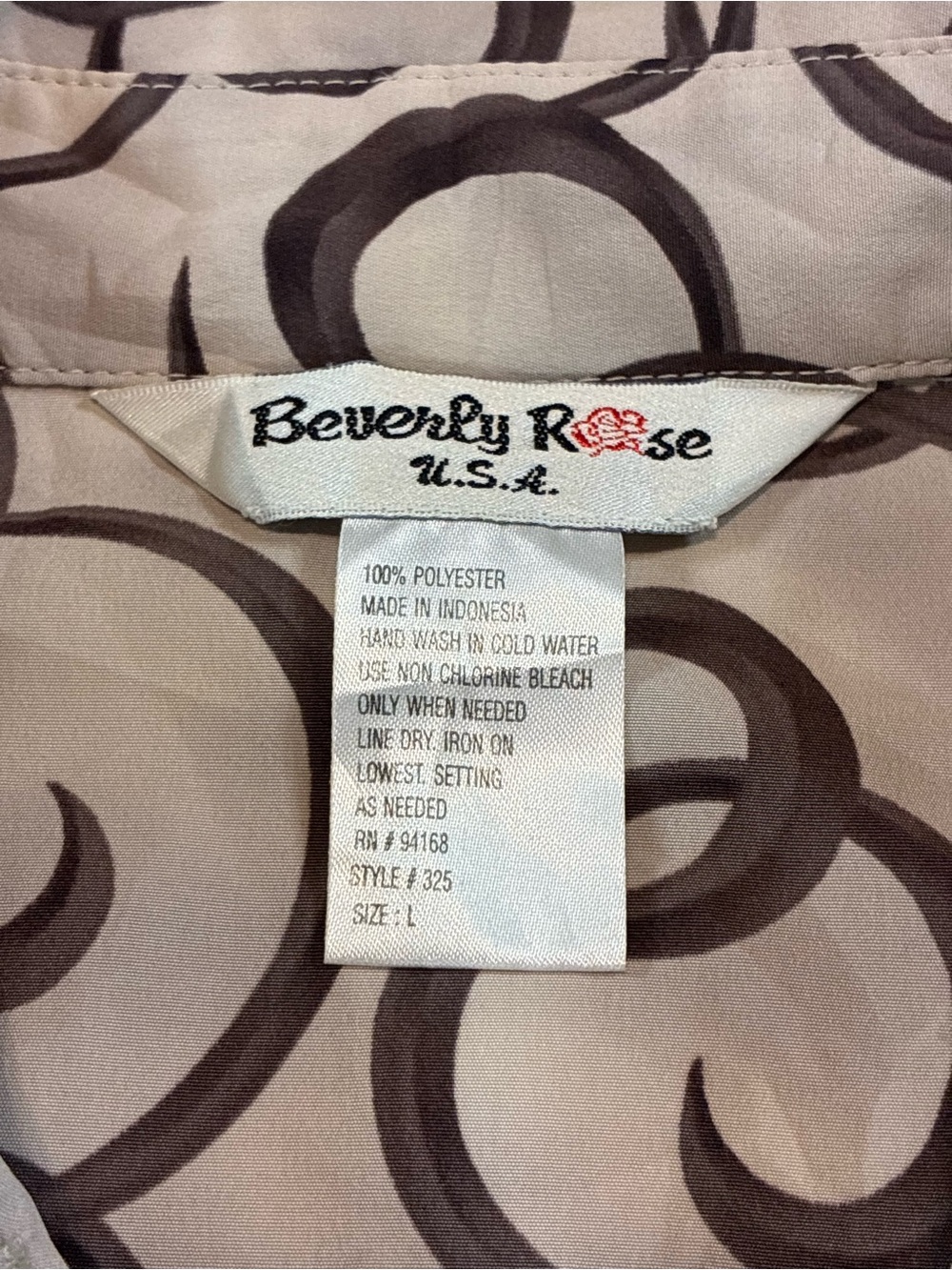Woman’s Beige Button-Front Blouse with Brown Swirl Pattern - Picture 3 of 6